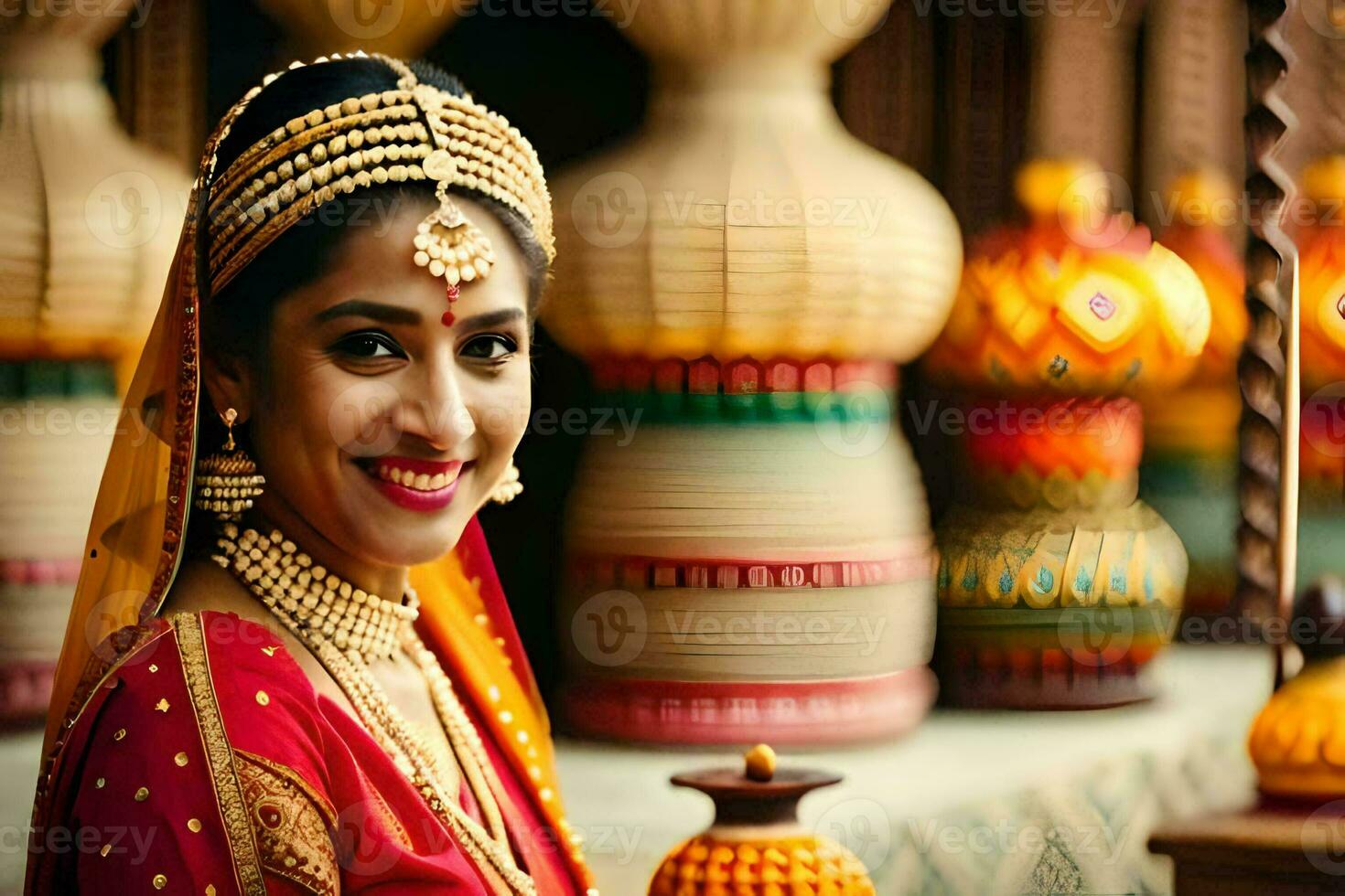 un mujer en tradicional indio atuendo poses para un foto. generado por ai foto