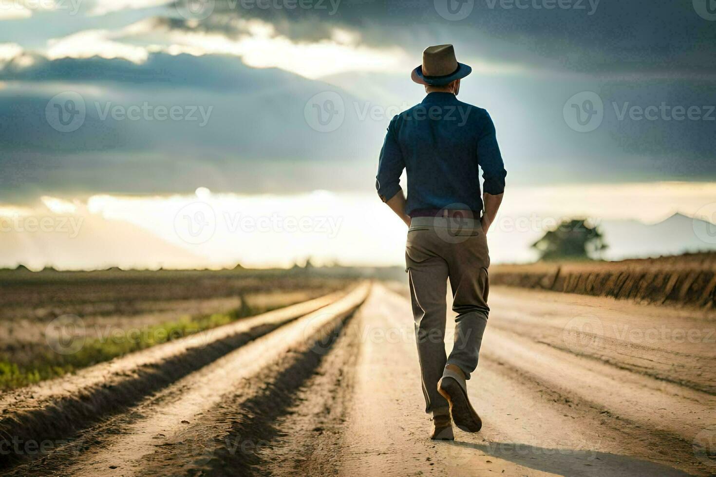 man walking on dirt road with sun setting behind him. AI-Generated photo