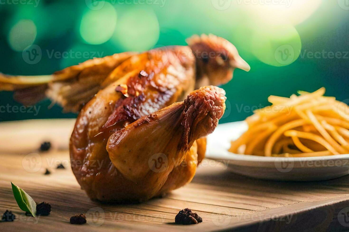 chicken with noodles and a plate on a table. AI-Generated photo