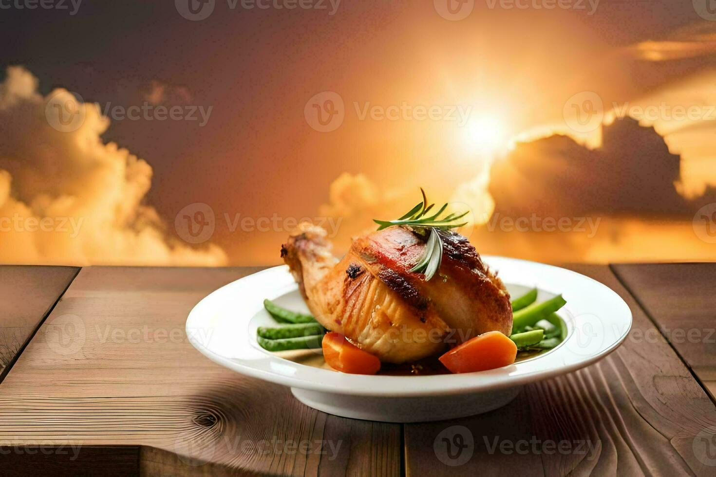 the food is served on a plate with a sunset in the background. AI-Generated photo