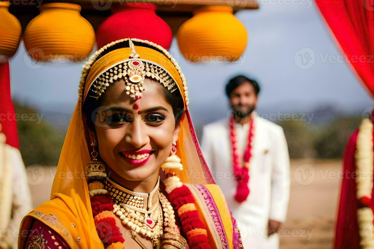 un sonriente novia en tradicional indio atuendo. generado por ai foto