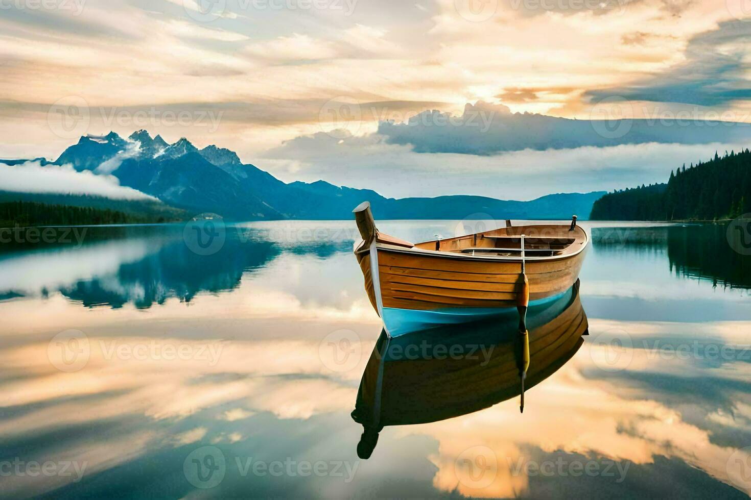 a boat sits on the calm water of a lake. AI-Generated photo