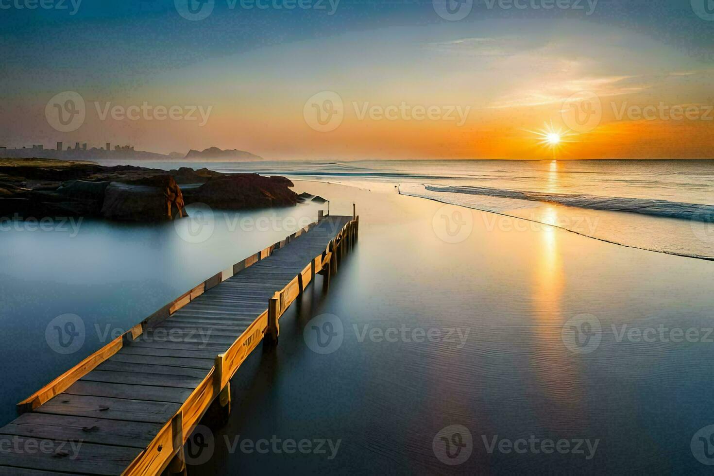 a wooden pier stretches out into the ocean at sunset. AI-Generated photo