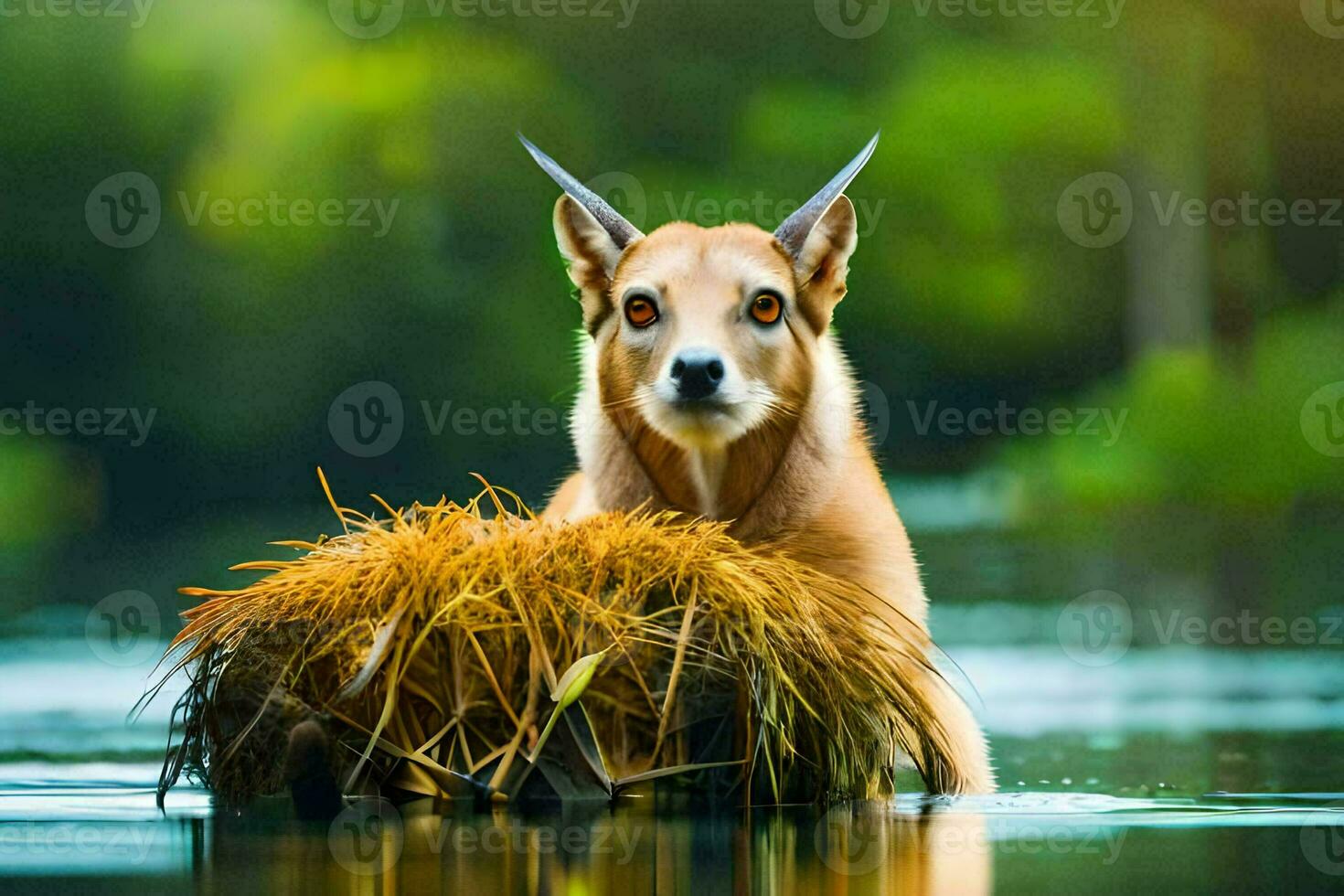 a dog sitting on a pile of grass in the water. AI-Generated photo