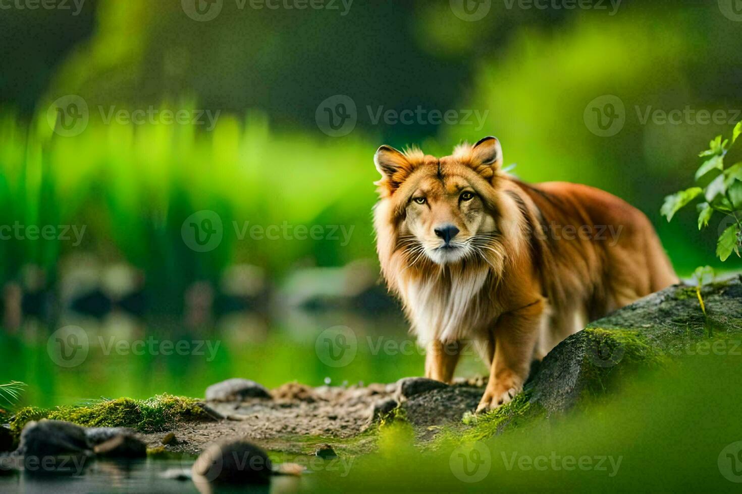 a brown dog standing on the edge of a river. AI-Generated photo