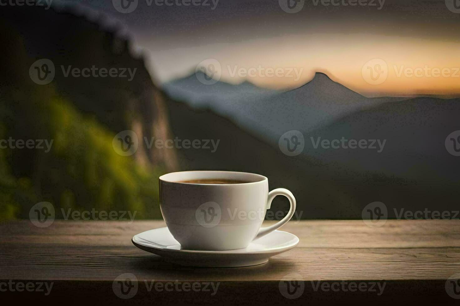 a cup of coffee on a wooden table in front of a mountain view. AI-Generated photo