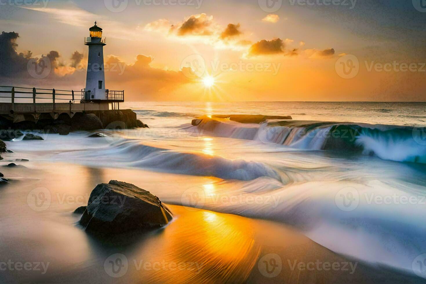 a lighthouse stands on the shore of the ocean at sunset. AI-Generated photo