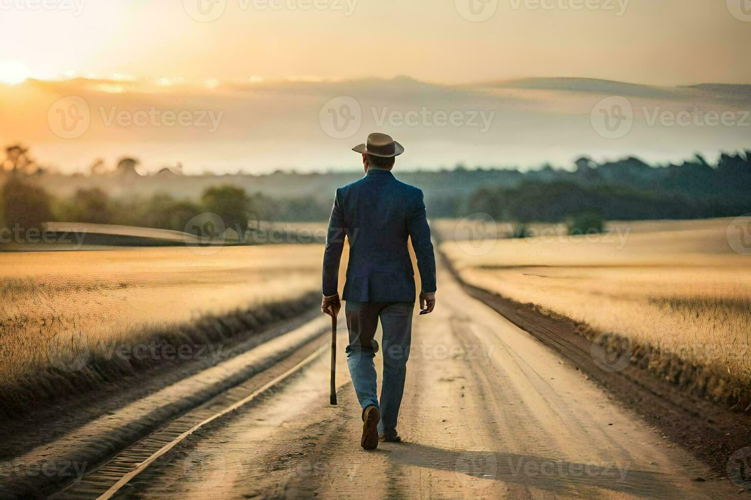 un hombre en un traje y sombrero caminando abajo un suciedad la carretera. generado por ai foto