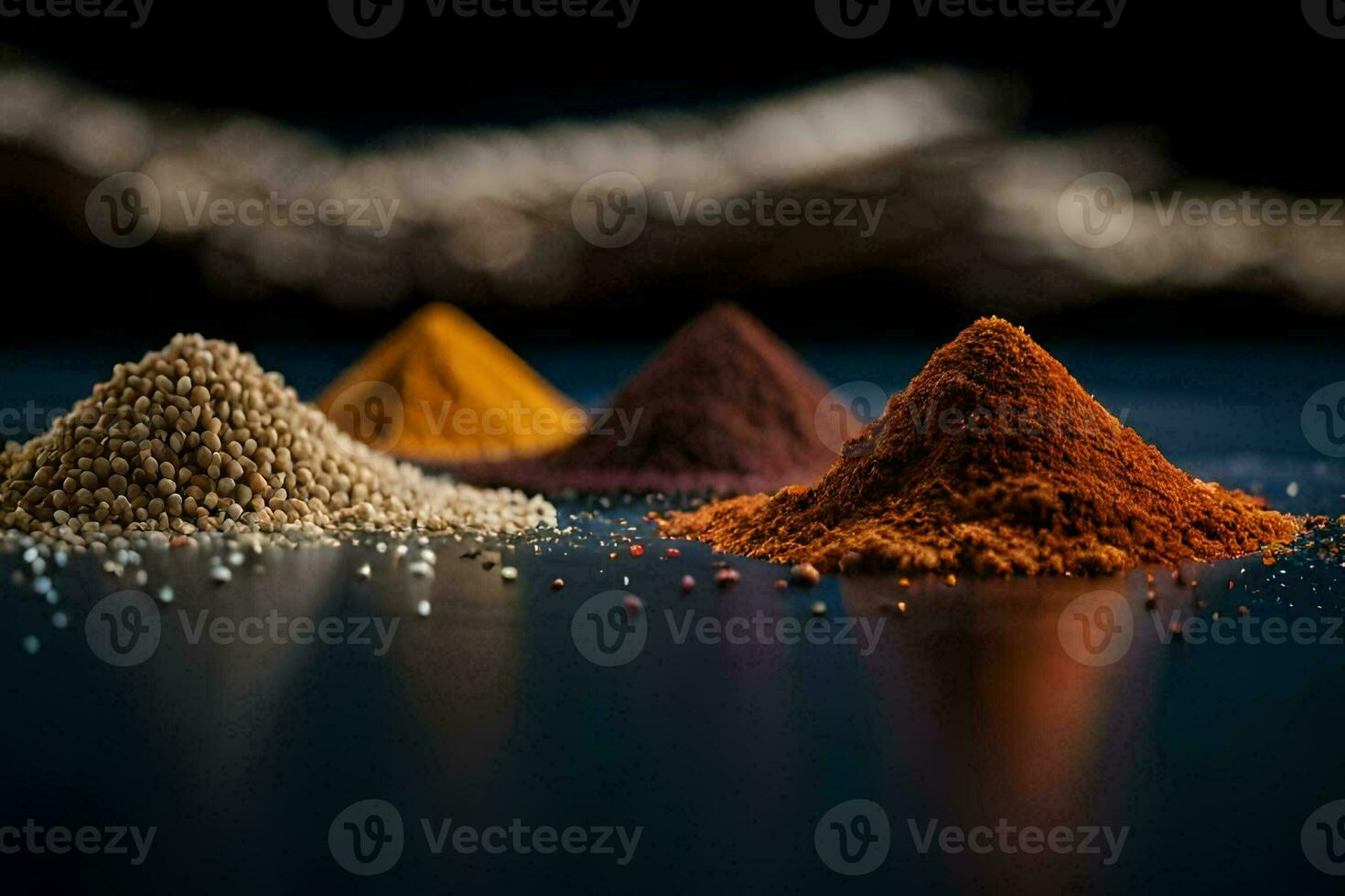 three different types of spices are shown on a black background. AI-Generated photo