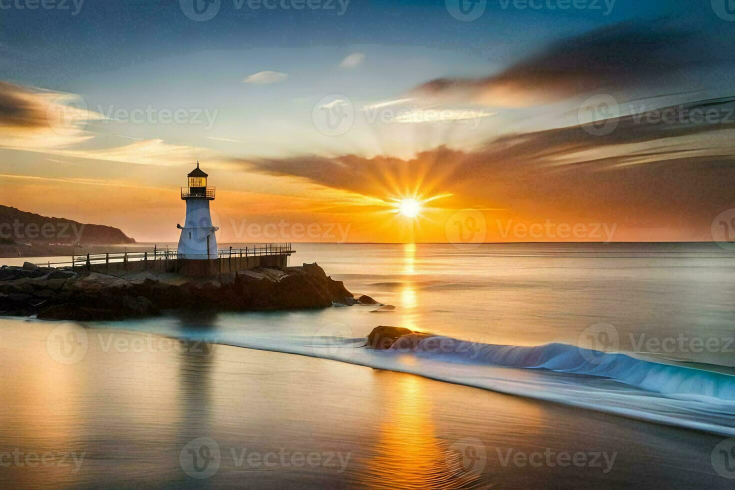 a lighthouse is seen at sunset on the ocean. AI-Generated photo