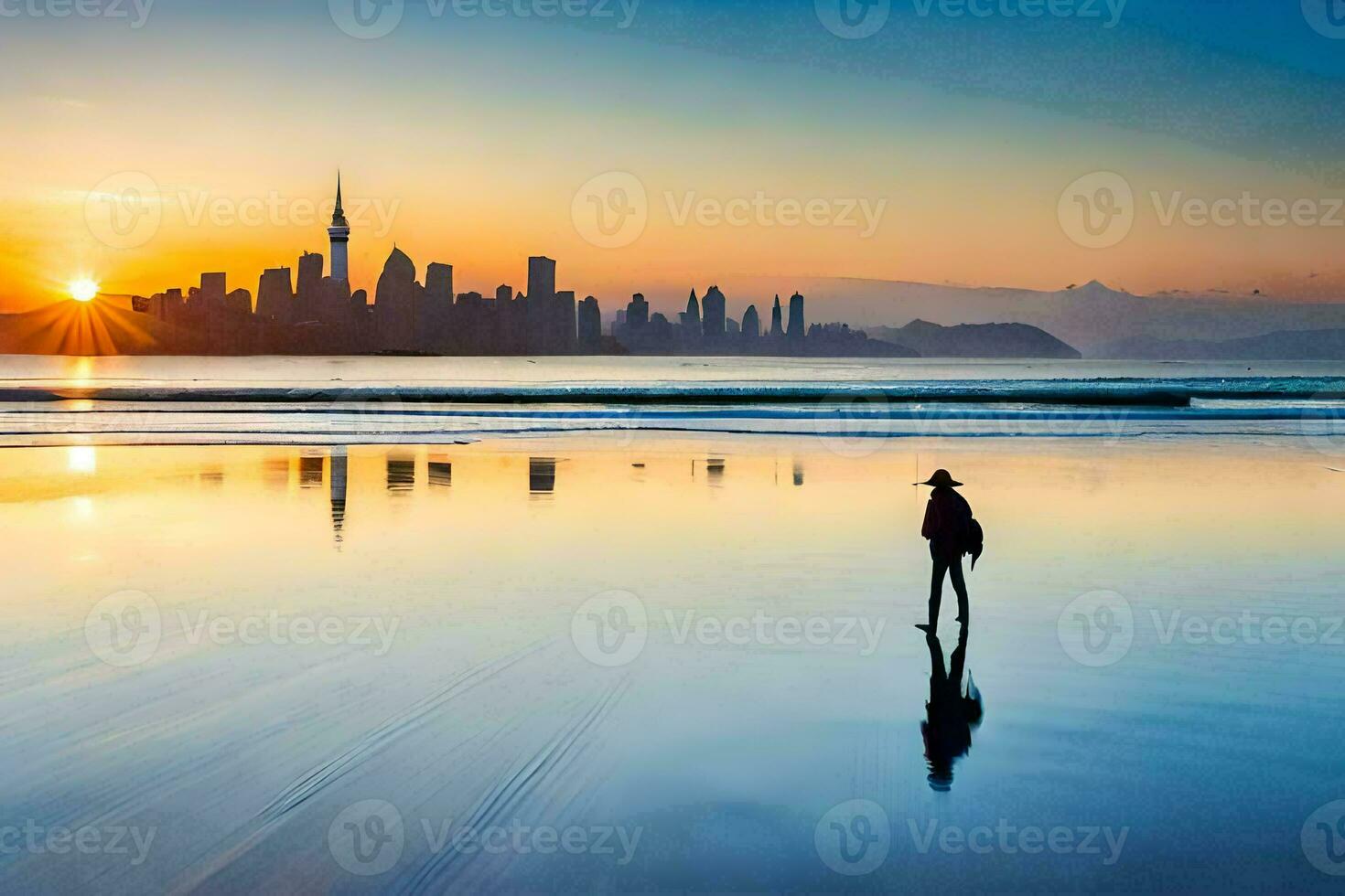 a person standing on the beach with a city in the background. AI-Generated photo