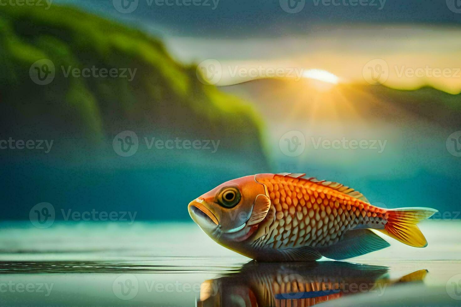 un pescado es en pie en el agua con el Dom ajuste detrás él. generado por ai foto