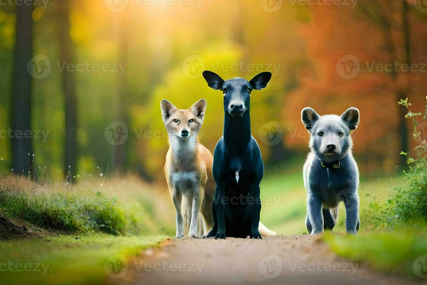 three dogs standing on a path in the woods. AI-Generated photo