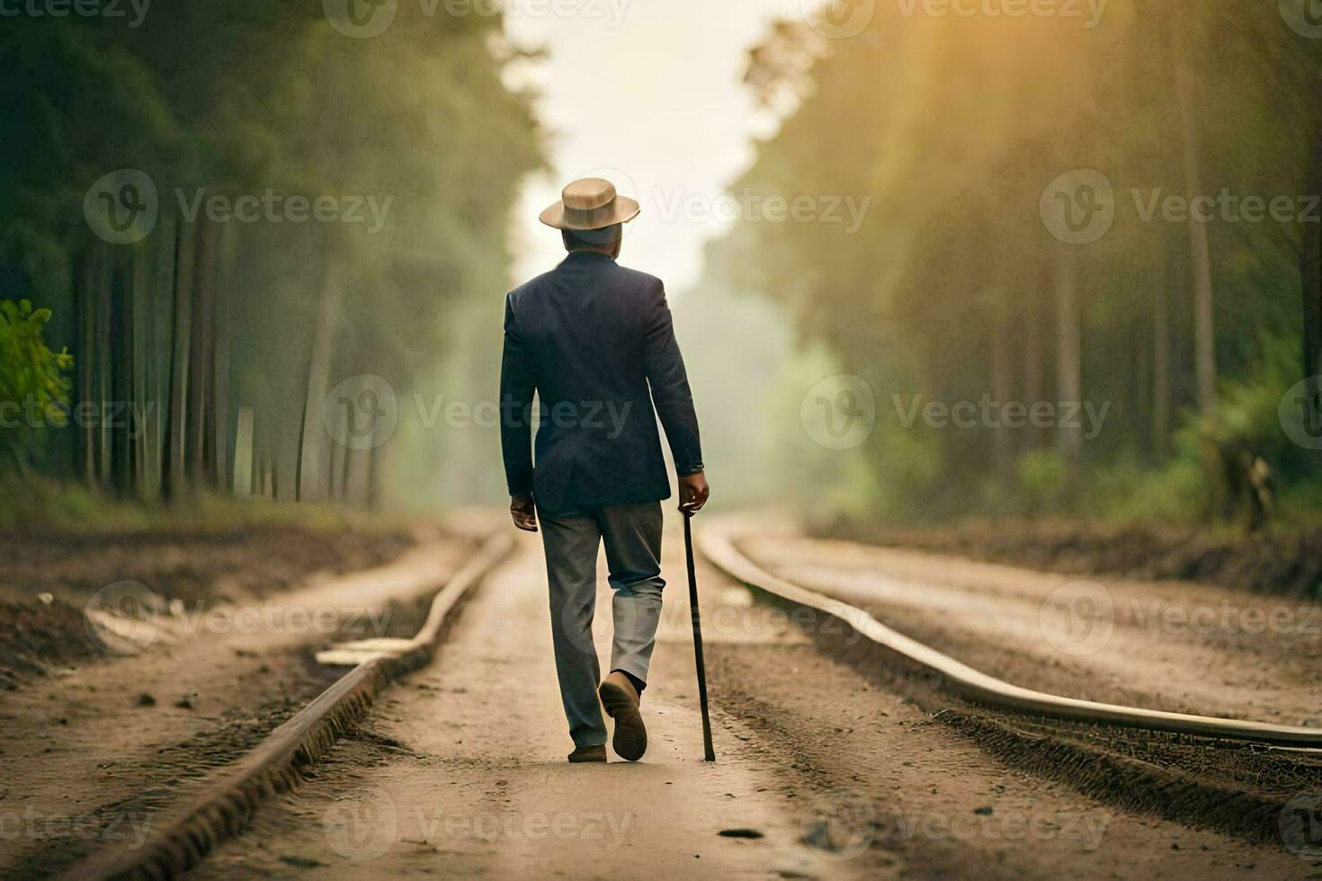 a man in a suit and hat walking on a train track. AI-Generated photo