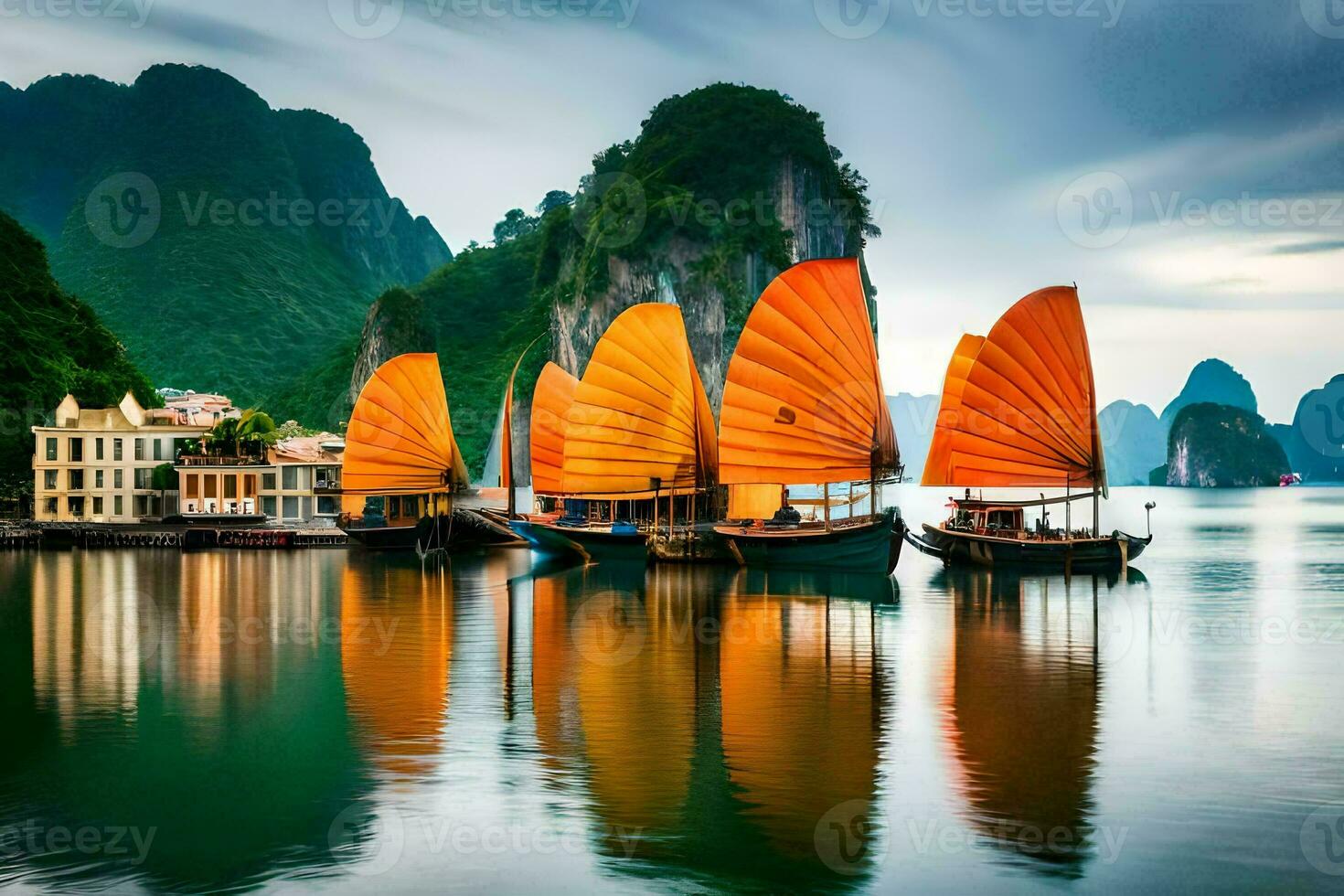 barcos en el agua con montañas en el antecedentes. generado por ai foto