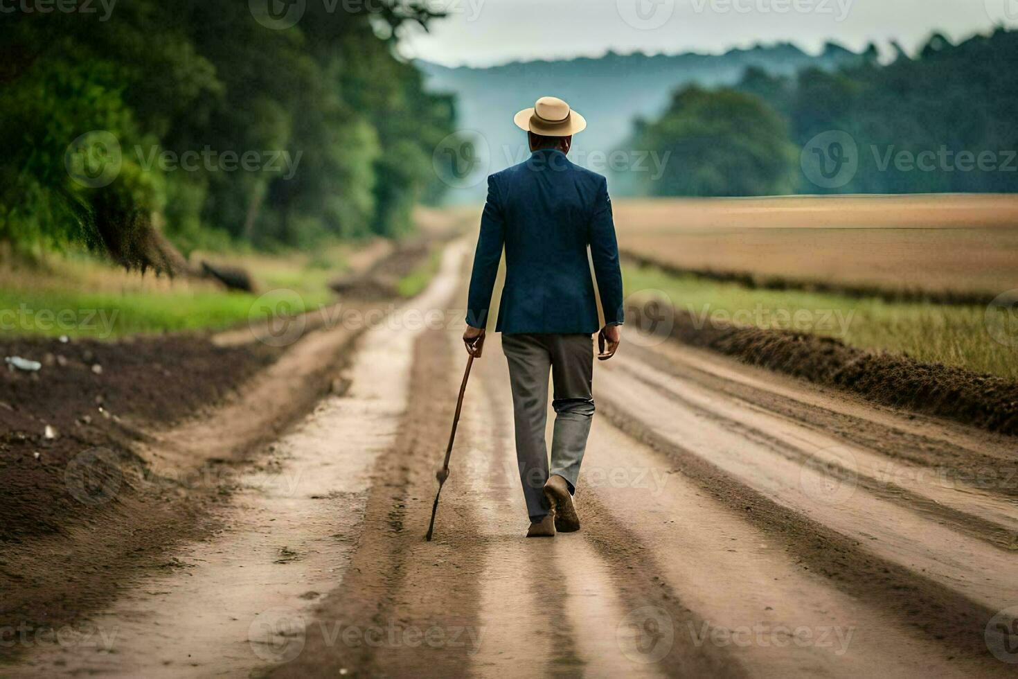 un hombre caminando abajo un suciedad la carretera con un caña. generado por ai foto