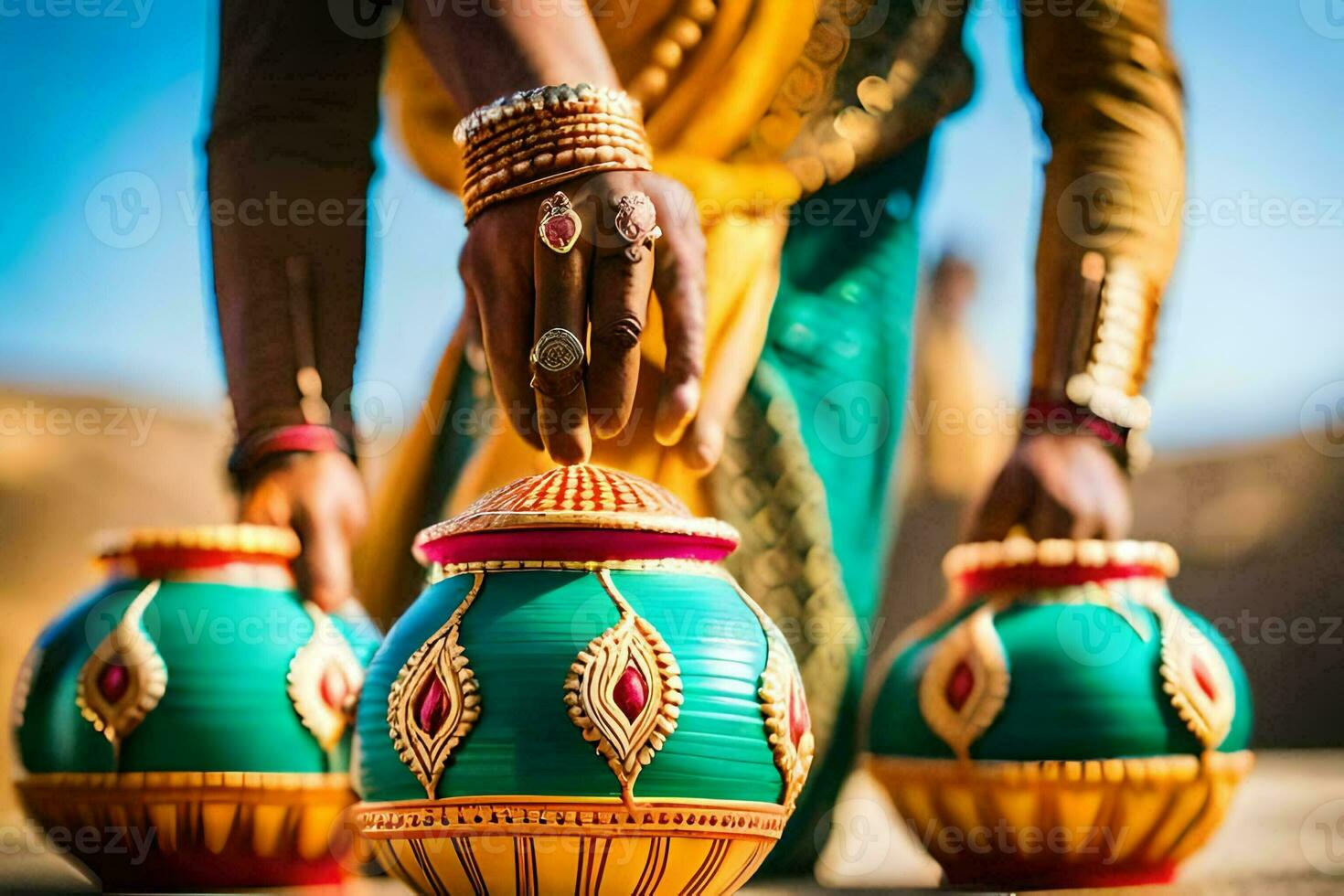 a woman in a sari is holding a pot with a gold and green design. AI-Generated photo