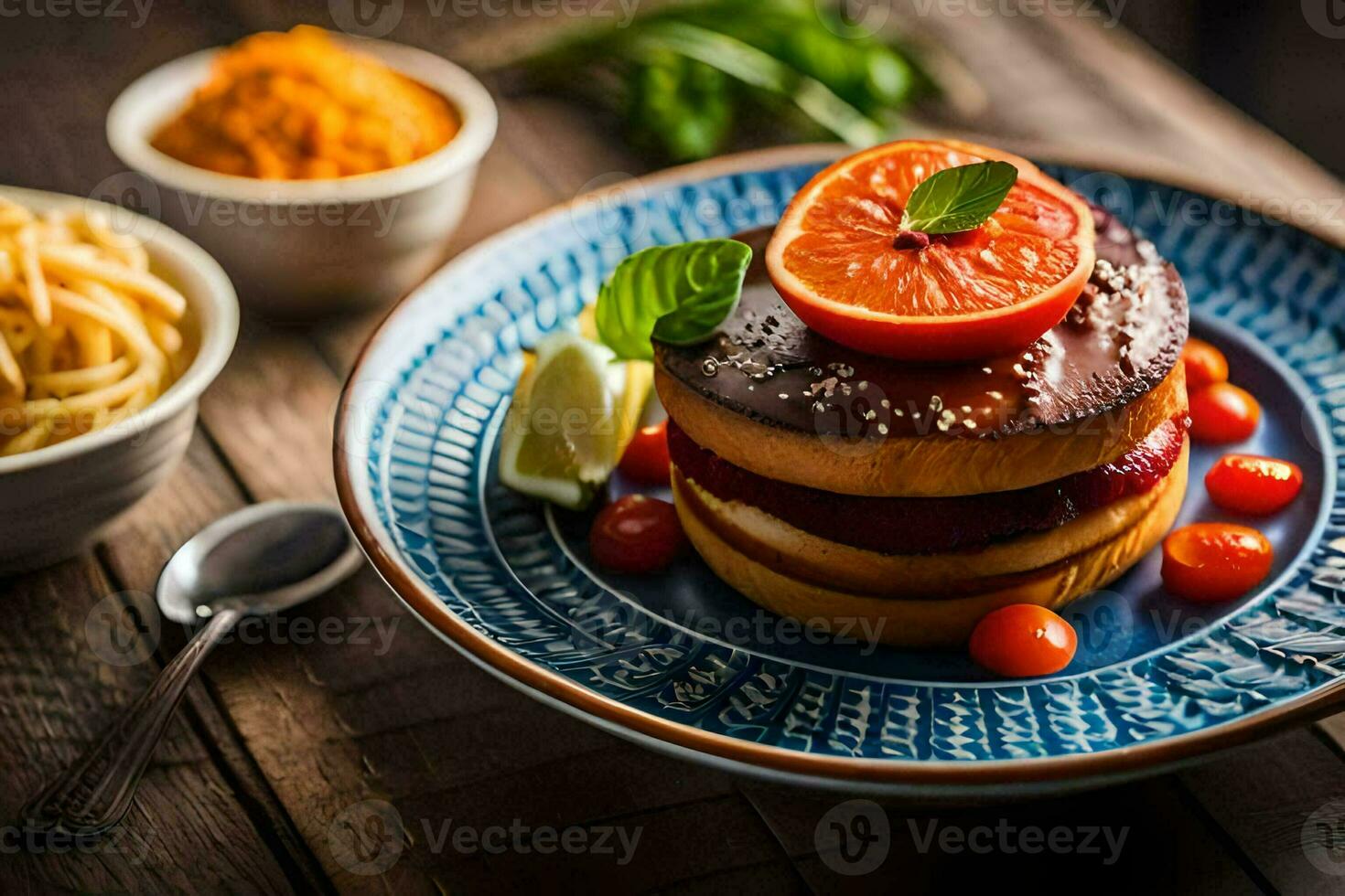 a plate with a stack of pancakes and a tomato slice. AI-Generated photo