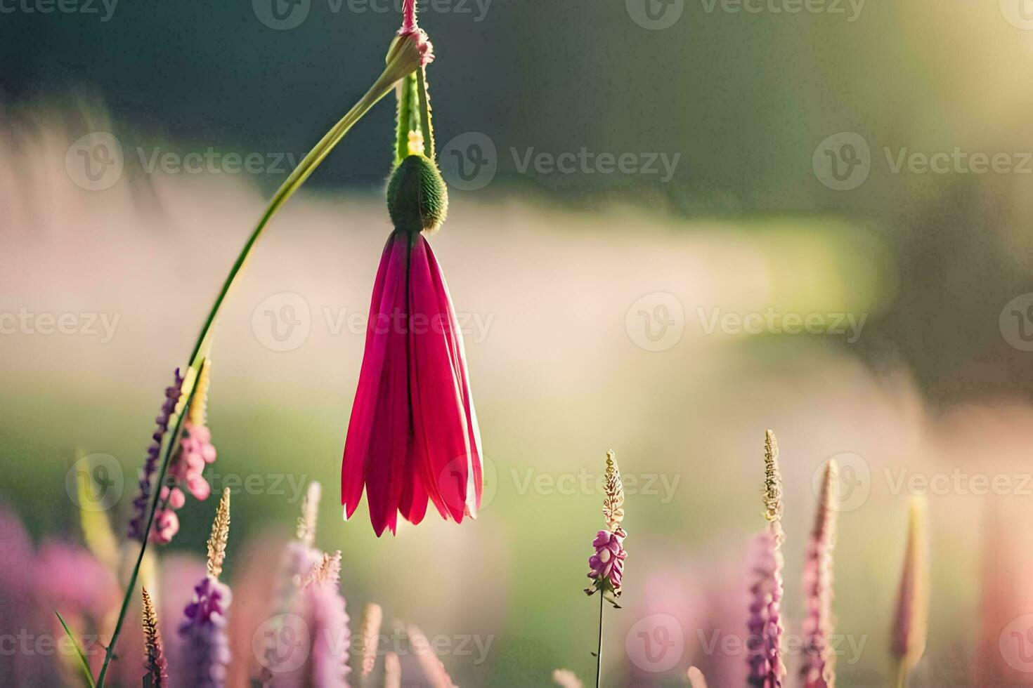 un rojo flor colgando desde un vino en un campo. generado por ai foto