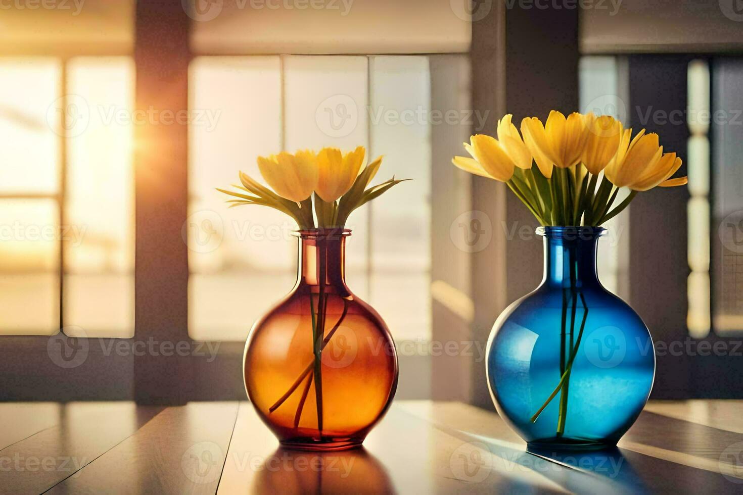 two vases with yellow flowers sitting on a table. AI-Generated photo