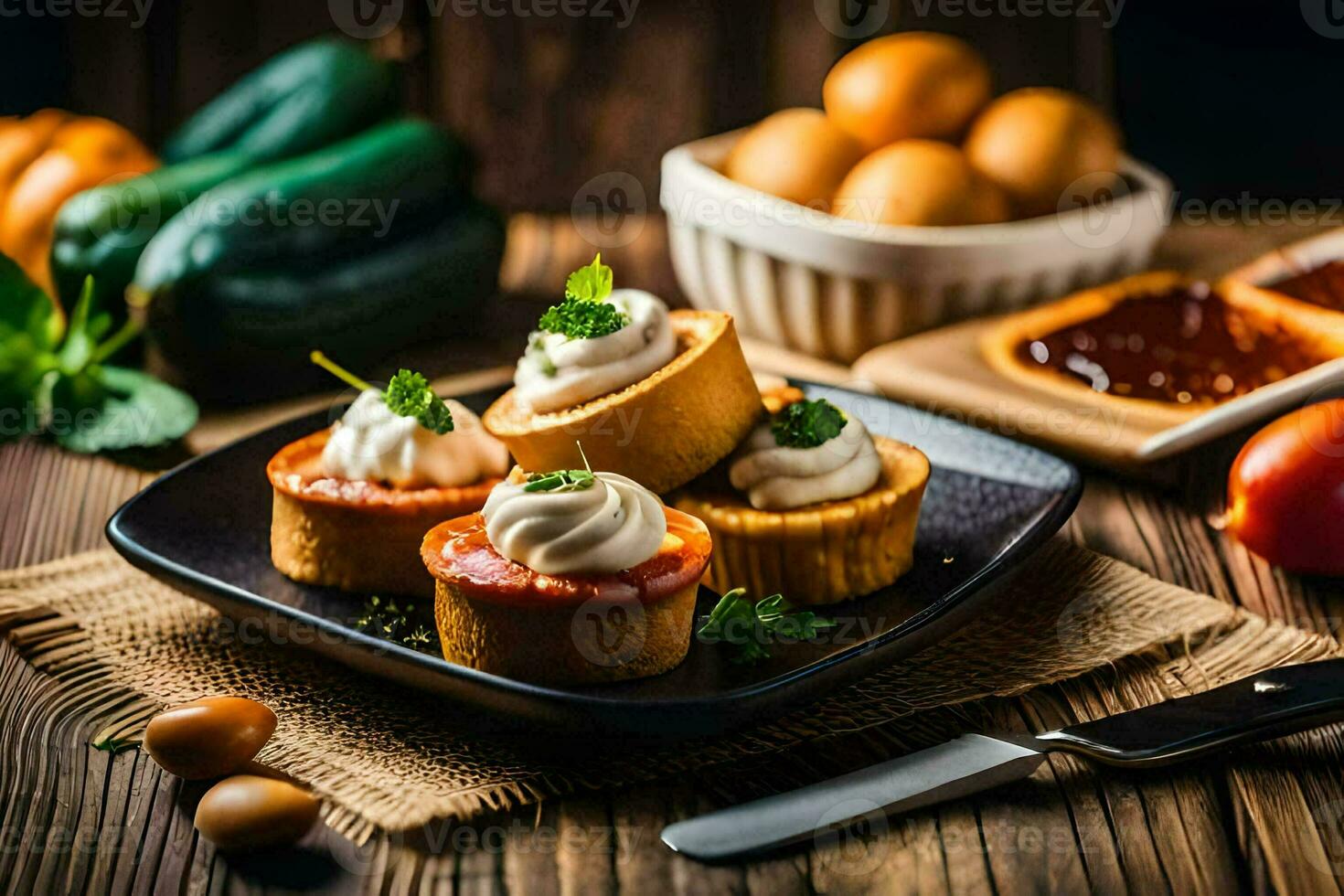 a plate of mini cupcakes with cream and eggs. AI-Generated photo