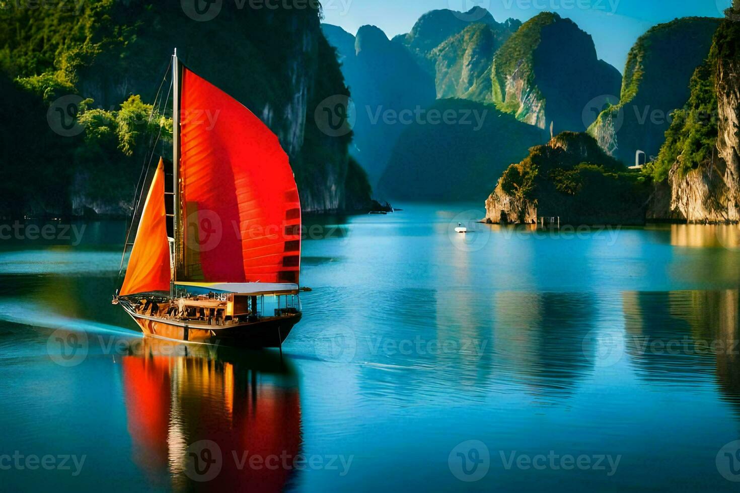 a red sailboat in the water near mountains. AI-Generated photo