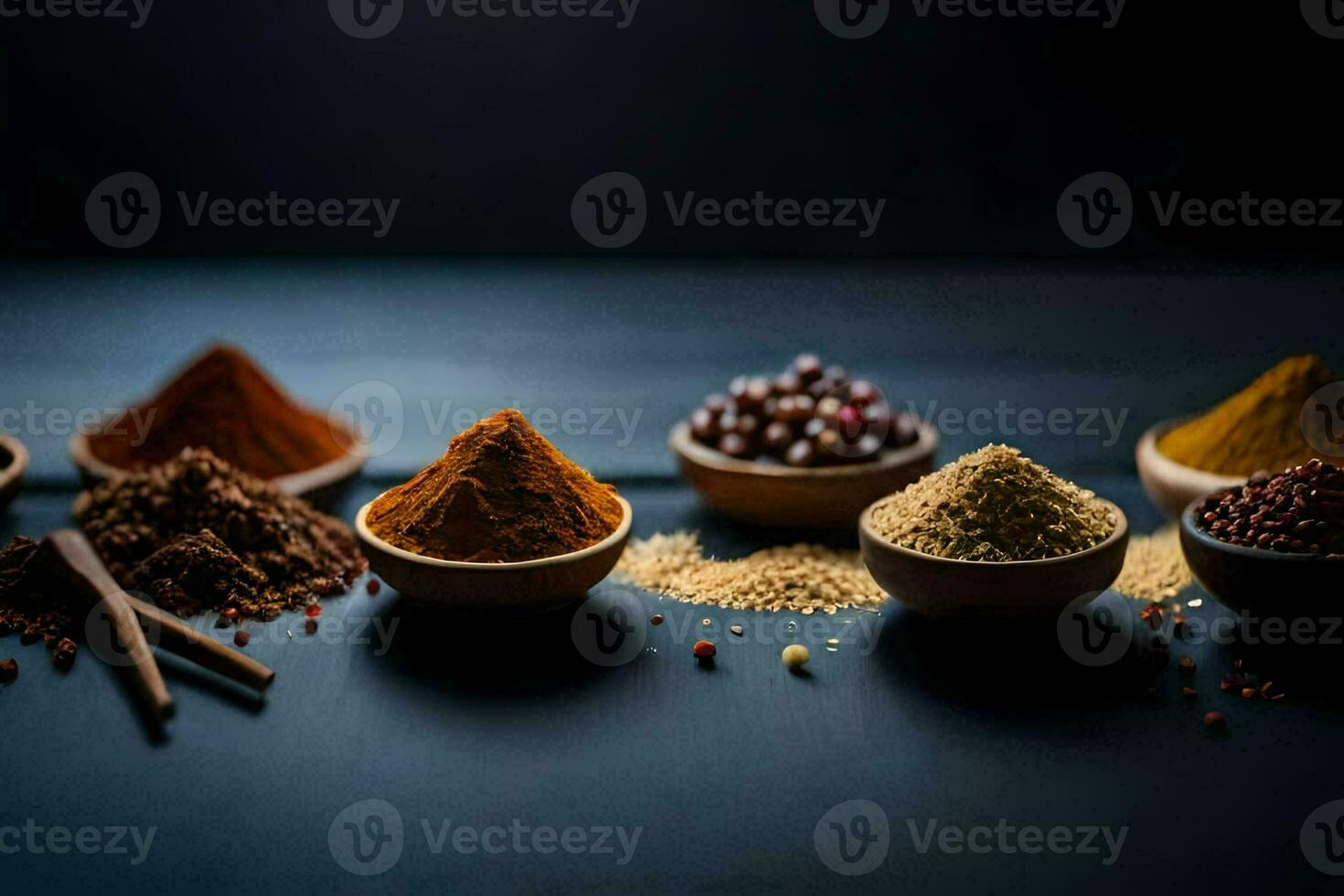 various spices and spices in bowls on a dark background. AI-Generated photo