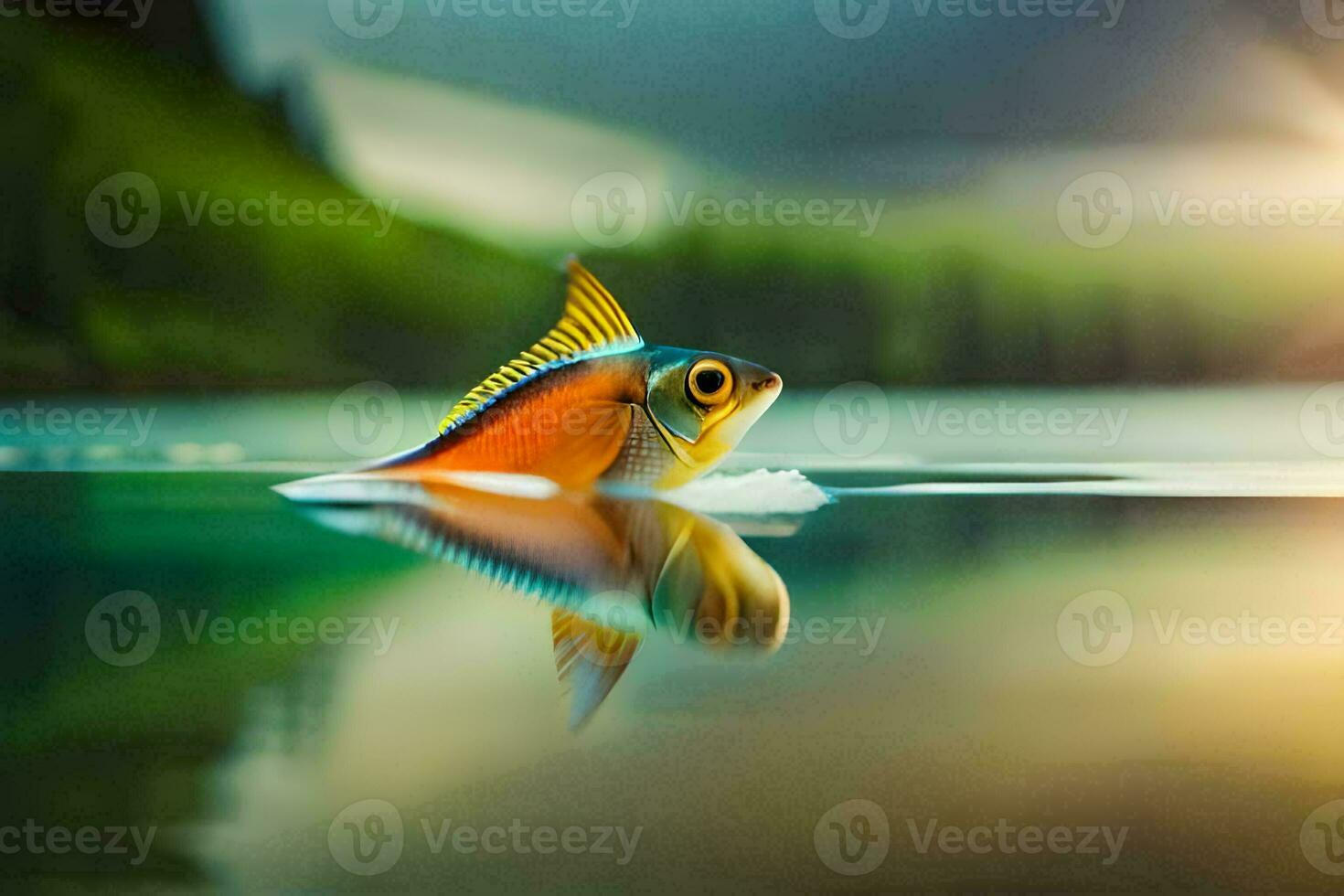 a fish swimming in the water with a sunset in the background. AI-Generated photo