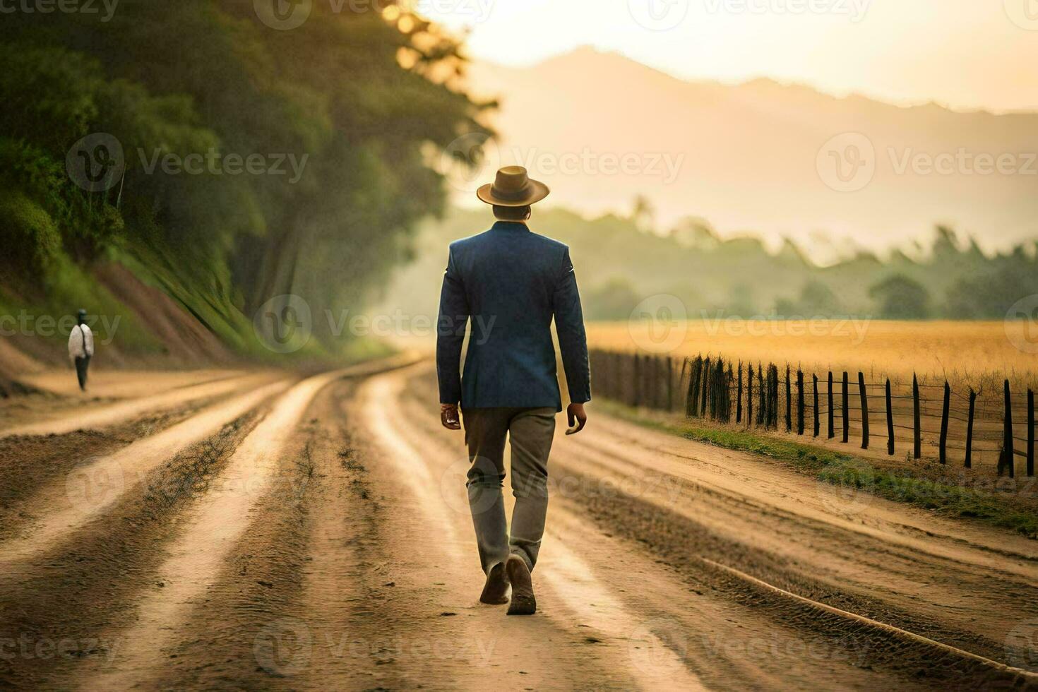 a man in a suit and hat walks down a dirt road. AI-Generated photo