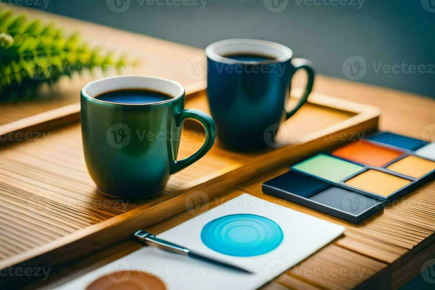 coffee and paint on a tray. AI-Generated photo