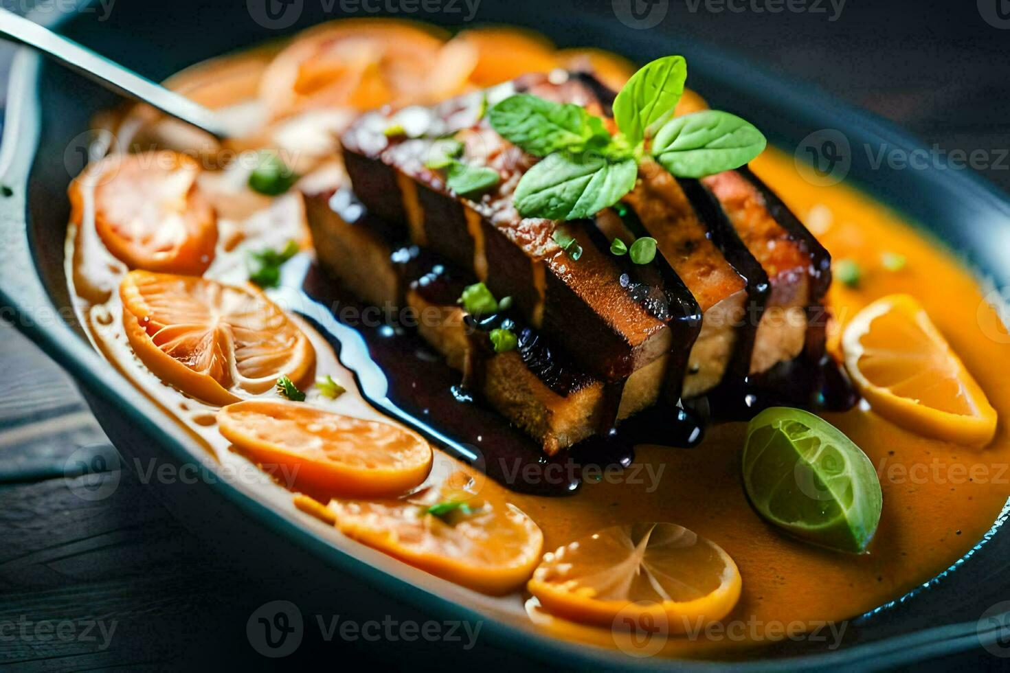 a bowl of soup with meat and oranges. AI-Generated photo