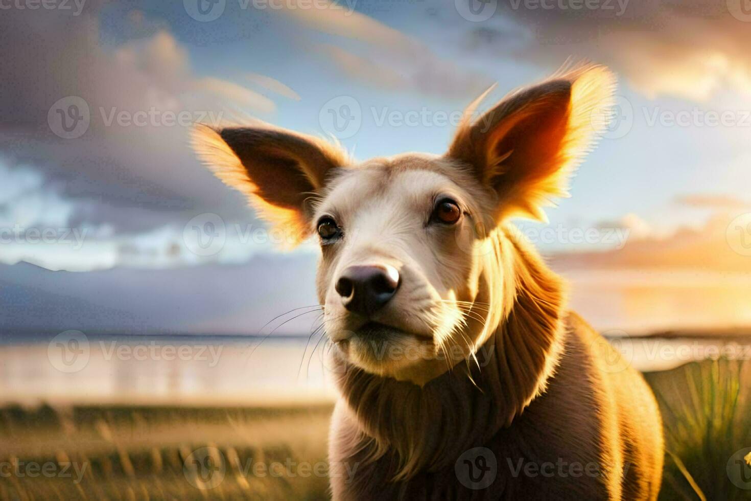a dog is standing in a field with the sun setting. AI-Generated photo