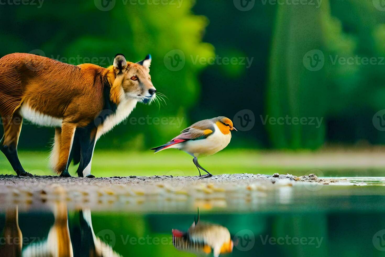 a fox and a bird standing next to each other. AI-Generated photo