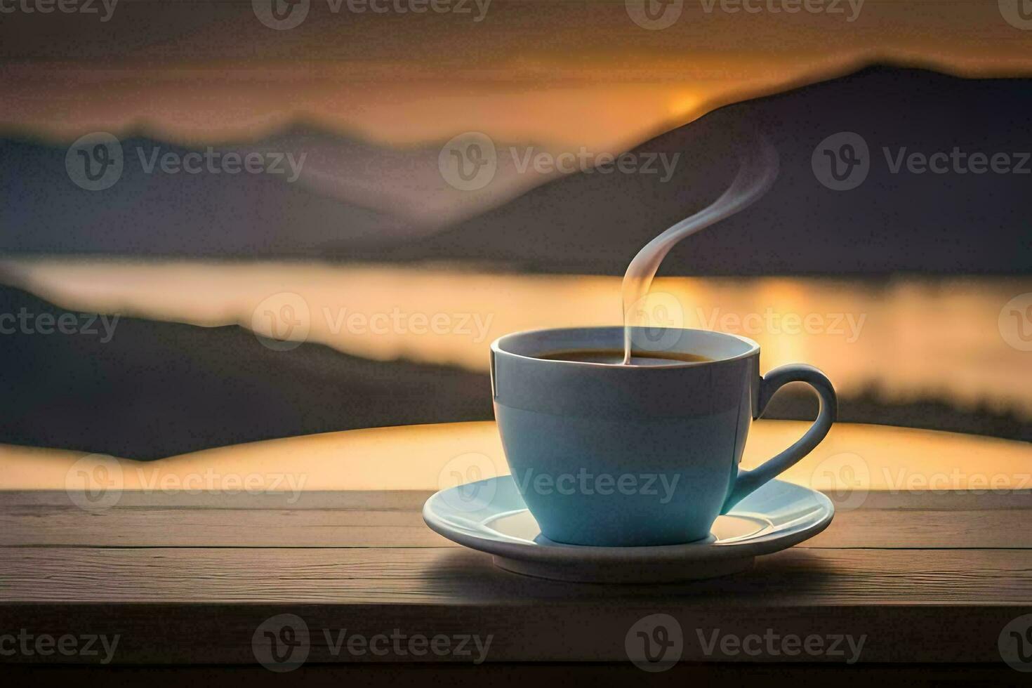 a cup of coffee on a wooden table with a view of the mountains. AI-Generated photo