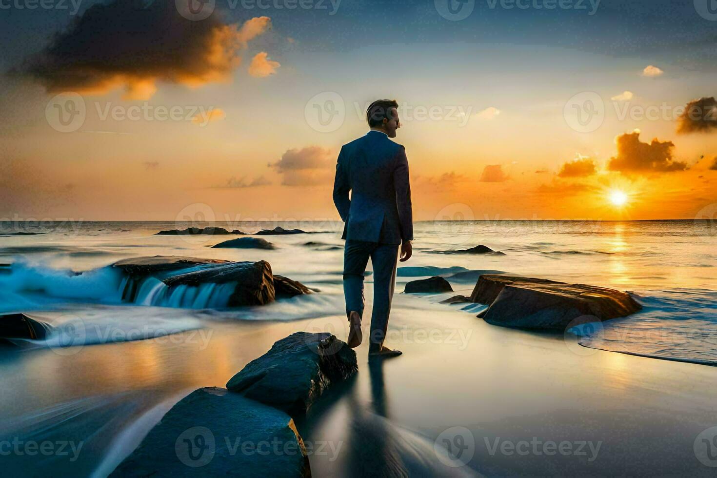 a man in a suit stands on rocks at the beach. AI-Generated photo