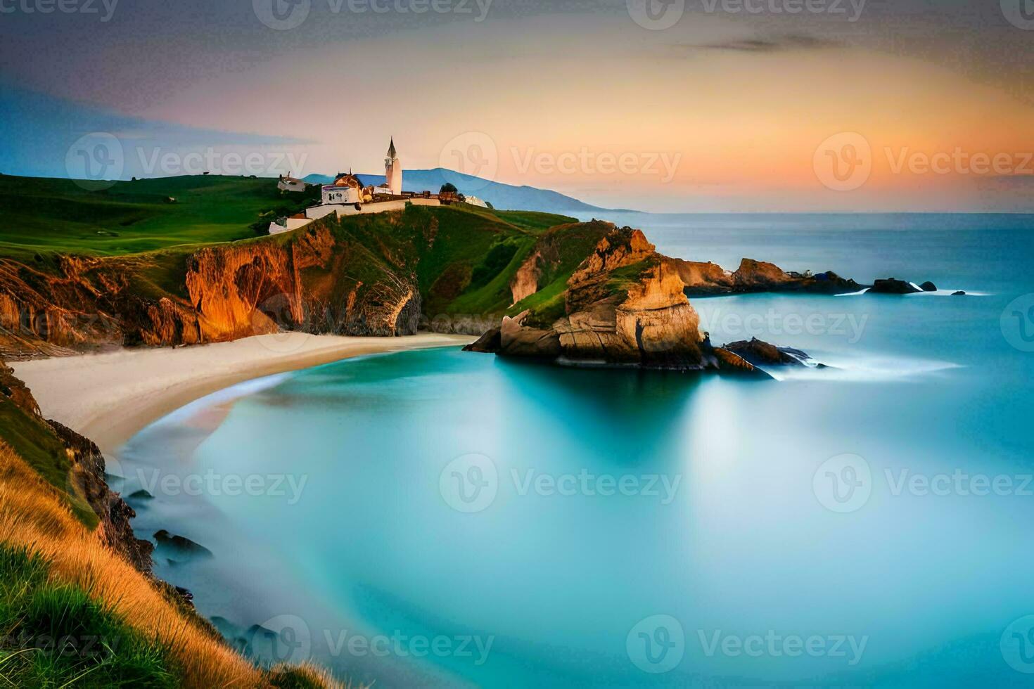 el faro a puesta de sol en el costa de el océano. generado por ai foto