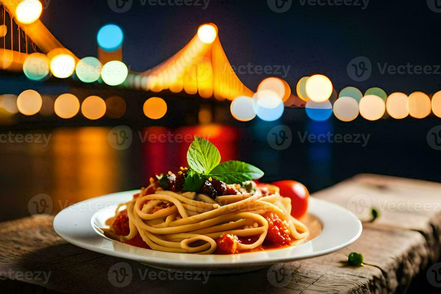 pasta with tomato sauce and basil leaves on a plate. AI-Generated photo