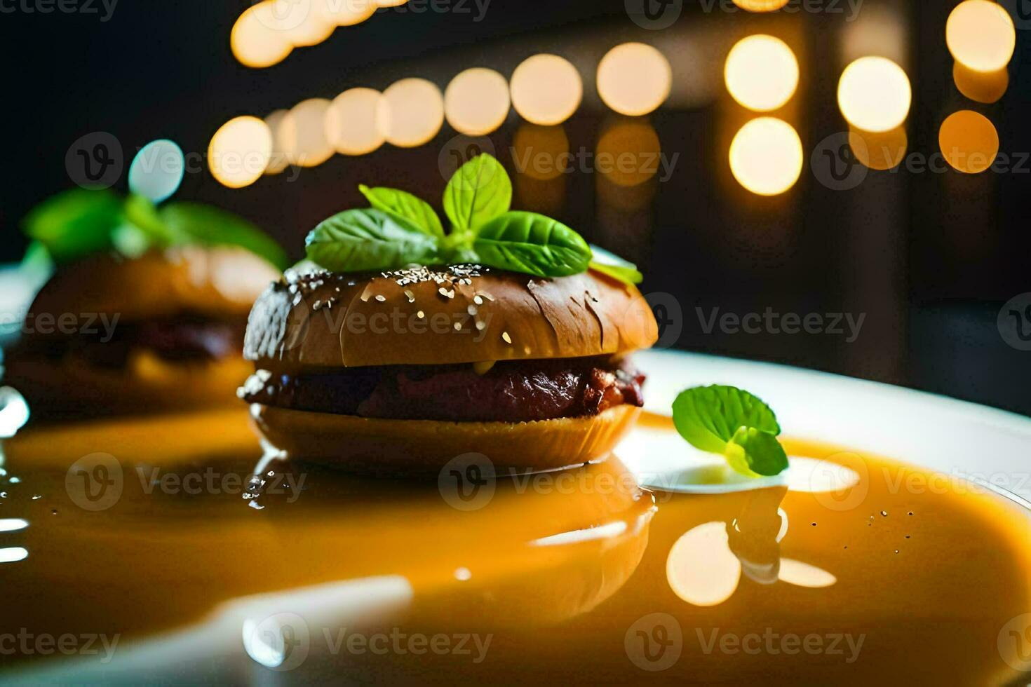 two hamburgers on a white plate with sauce. AI-Generated photo
