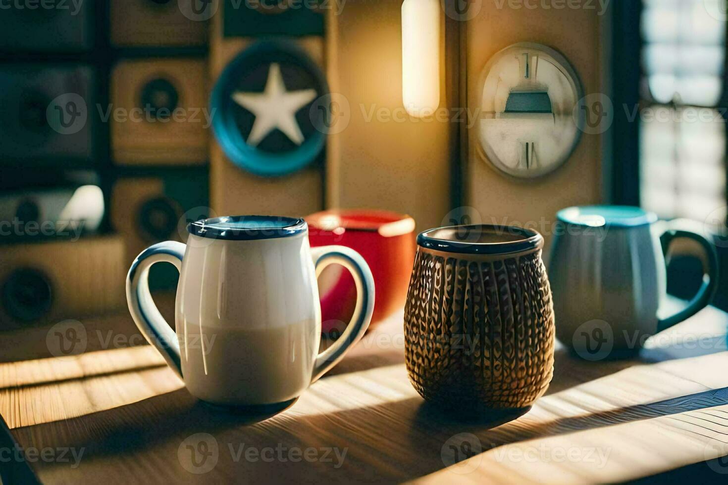 three coffee mugs on a table. AI-Generated photo