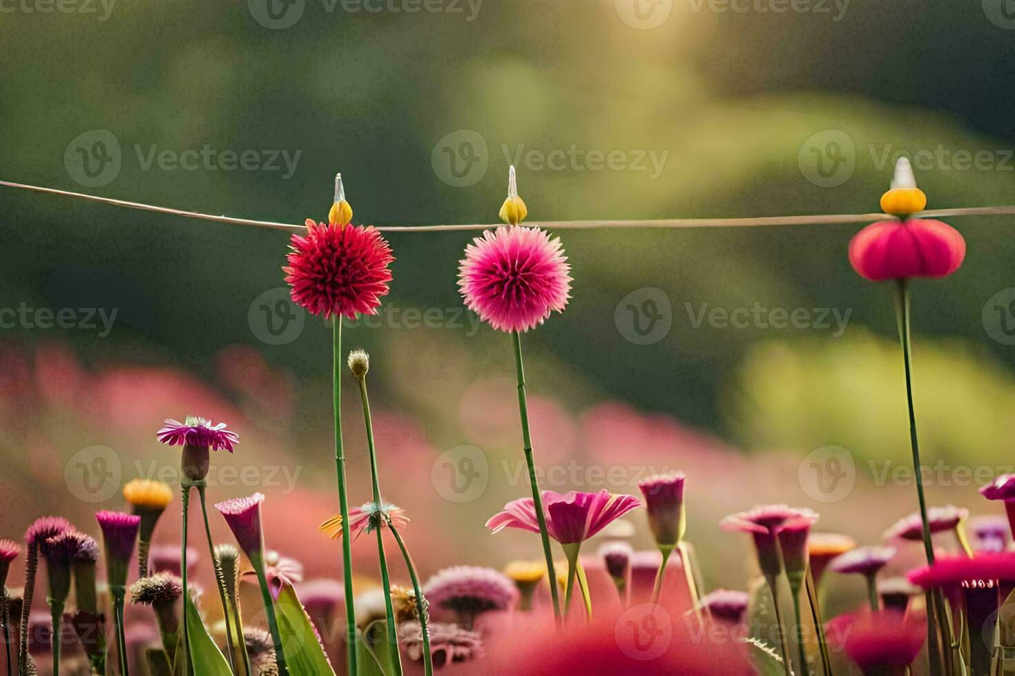 flowers are hanging on a wire in a field. AI-Generated photo