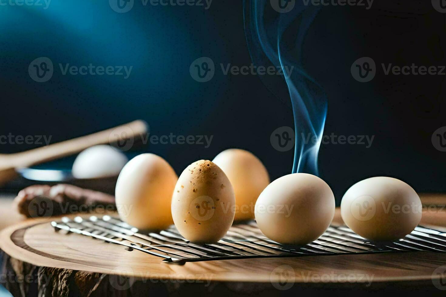 eggs on a wire rack with smoke coming out of them. AI-Generated photo