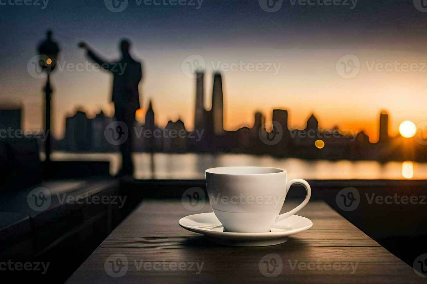 coffee cup on the table with cityscape in the background. AI-Generated photo