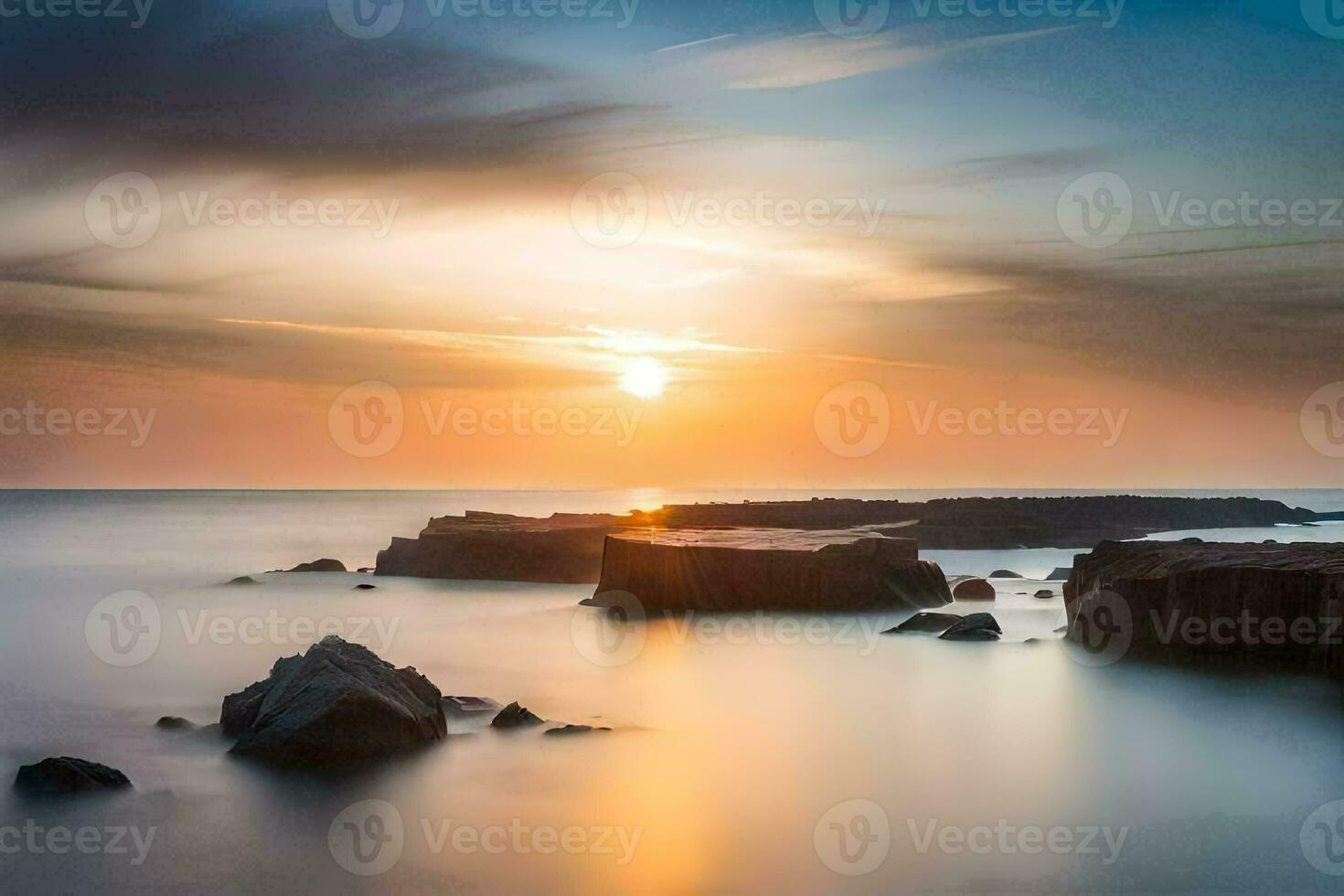 the sun sets over the ocean and rocks. AI-Generated photo