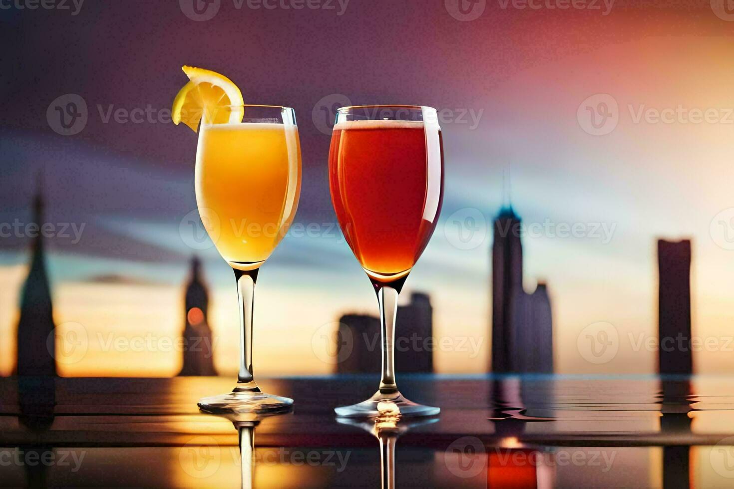 two glasses of champagne with a view of the city. AI-Generated photo