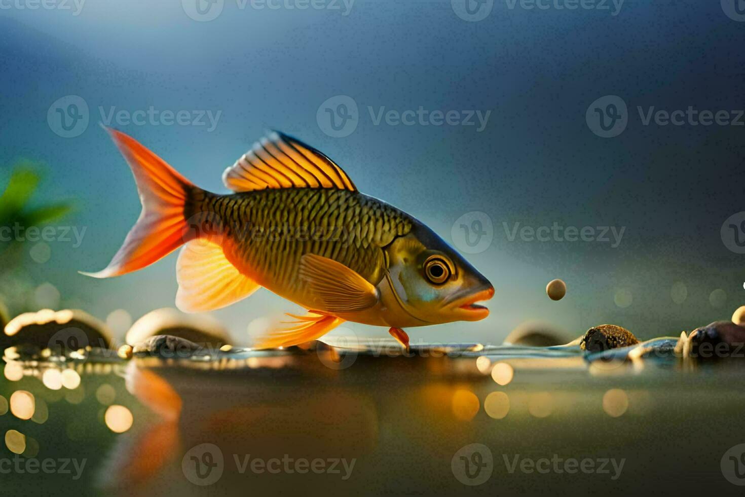 a fish is standing on the water with rocks. AI-Generated photo