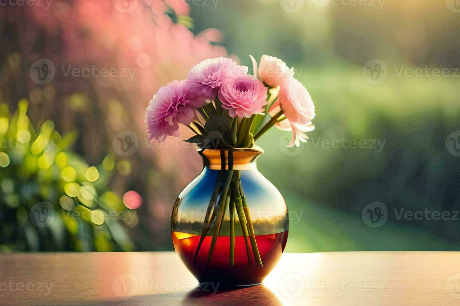 pink flowers in a vase on a table in the sun. AI-Generated photo