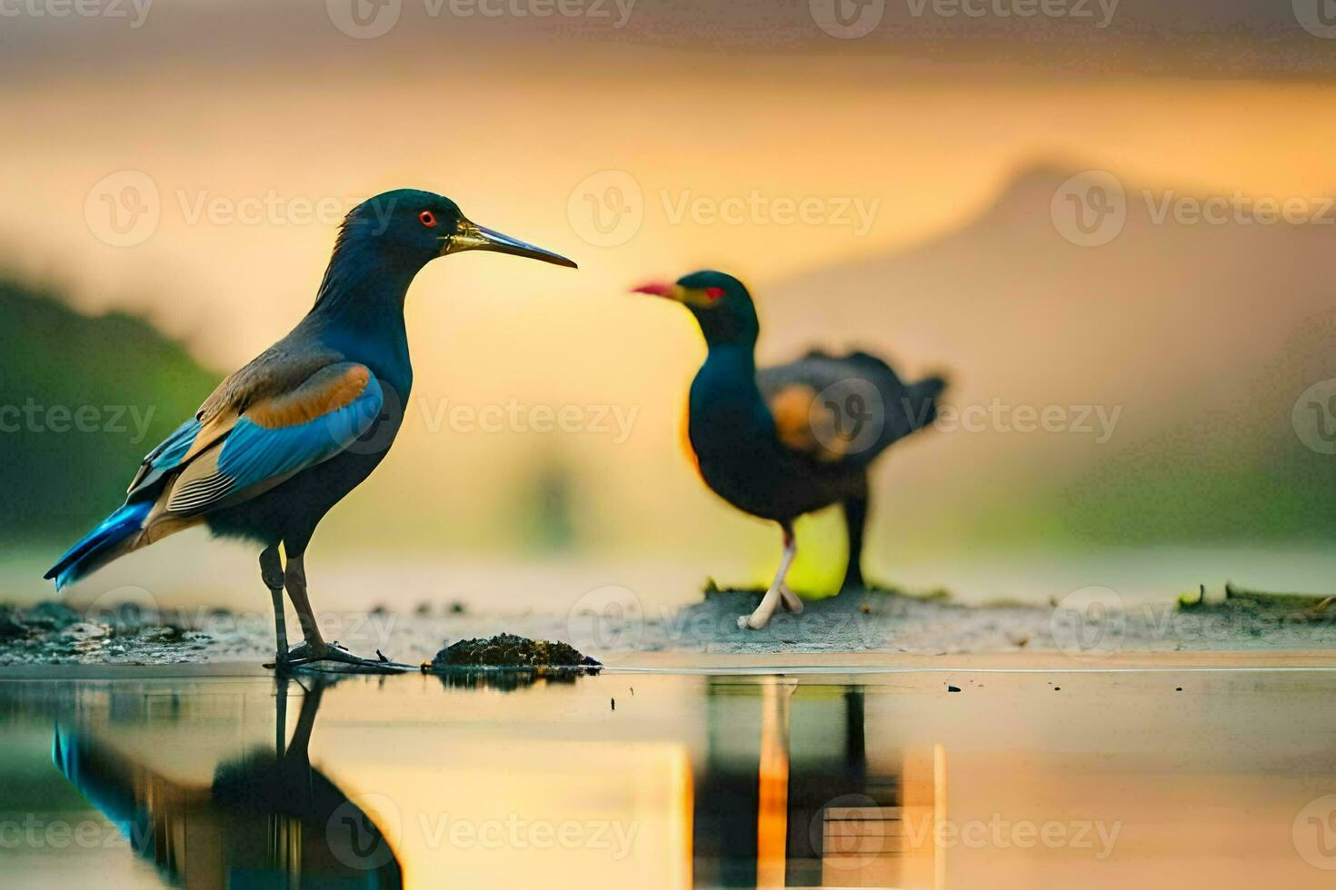 two birds standing on the shore of a lake. AI-Generated photo