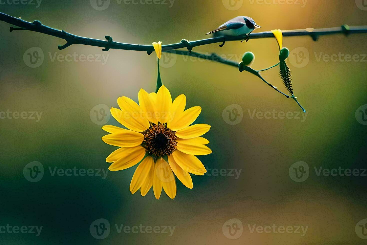 a bird sits on a branch with a sunflower. AI-Generated photo