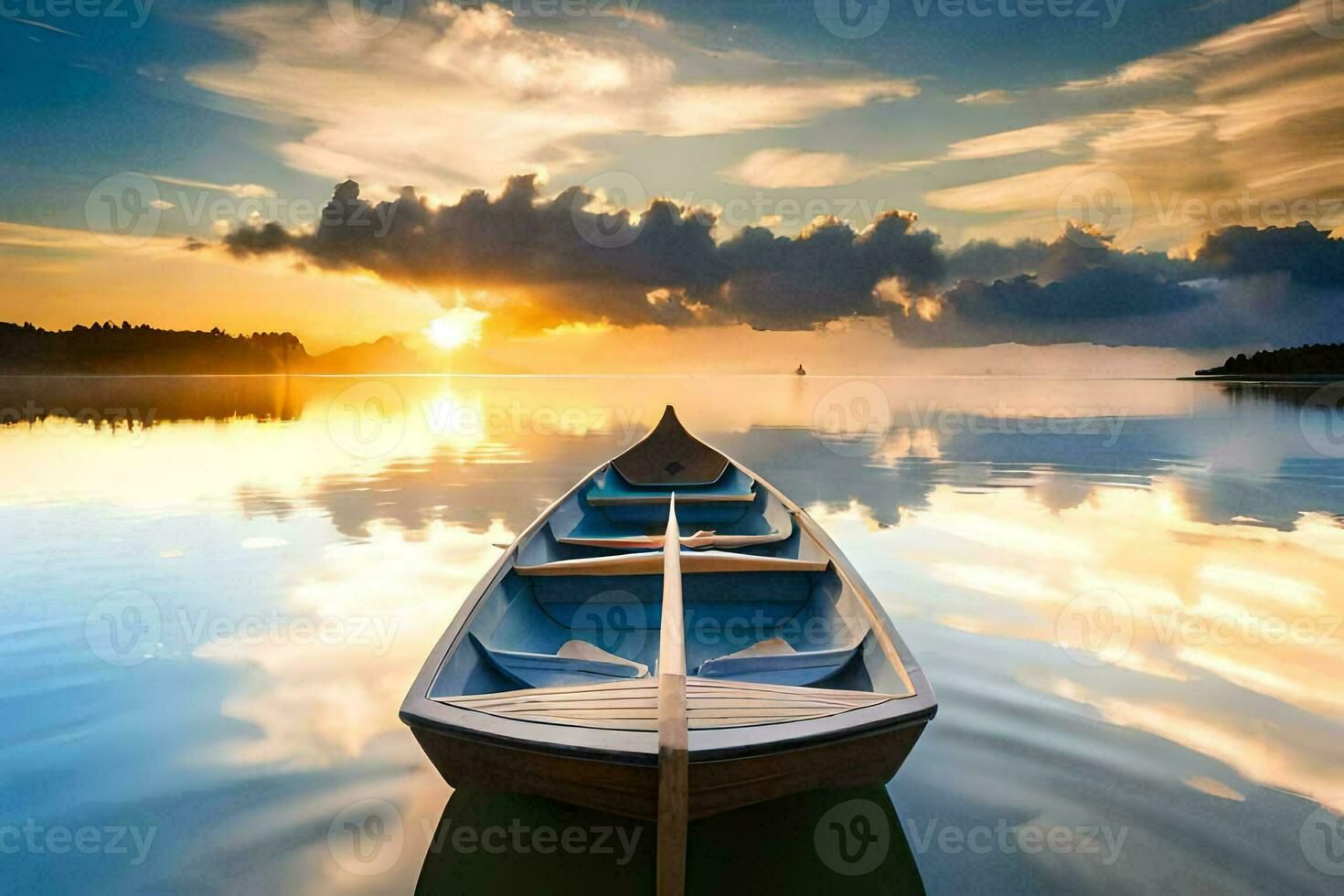 a rowboat is floating in the water at sunset. AI-Generated photo