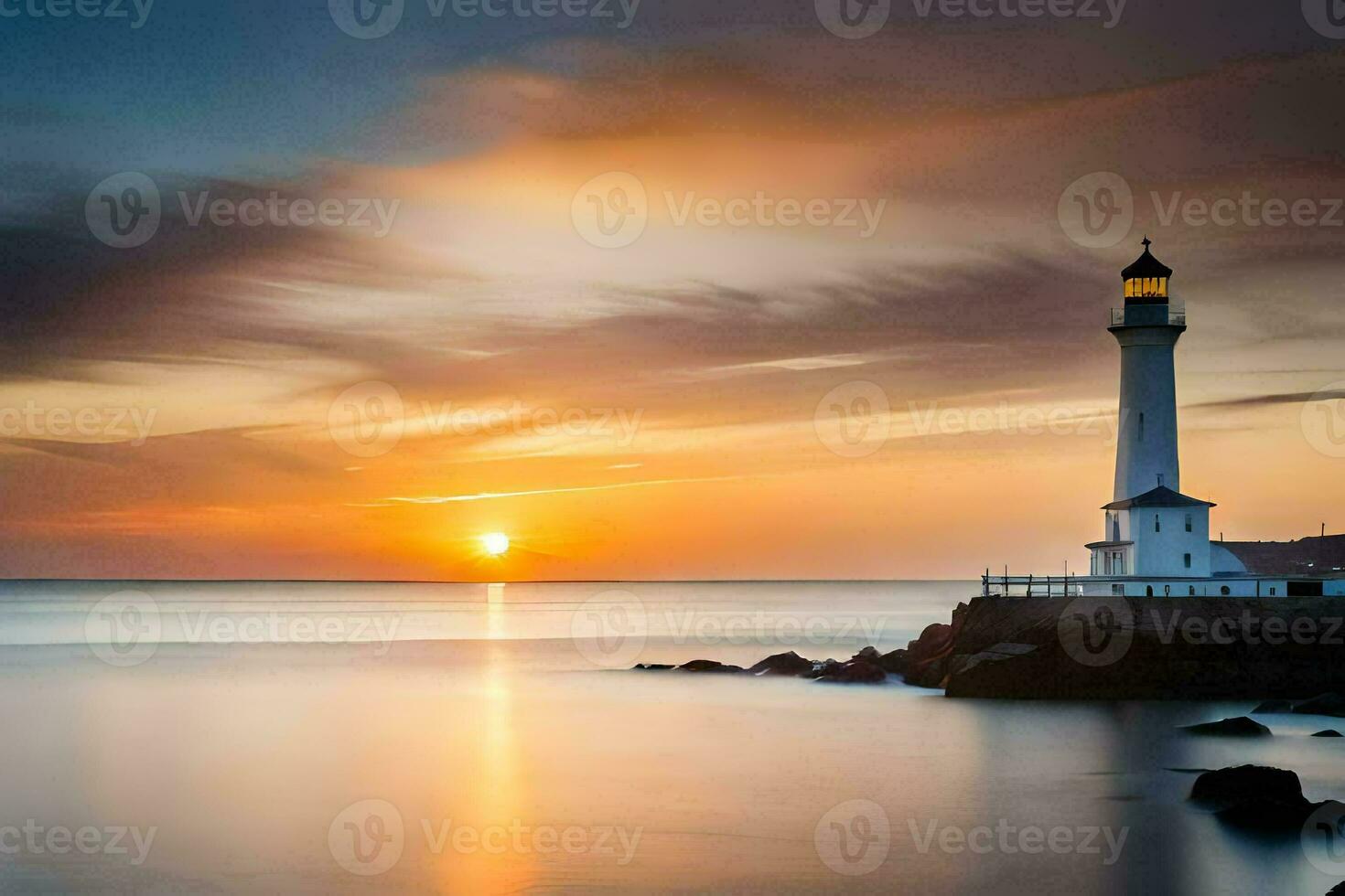a lighthouse is seen in the sunset. AI-Generated photo